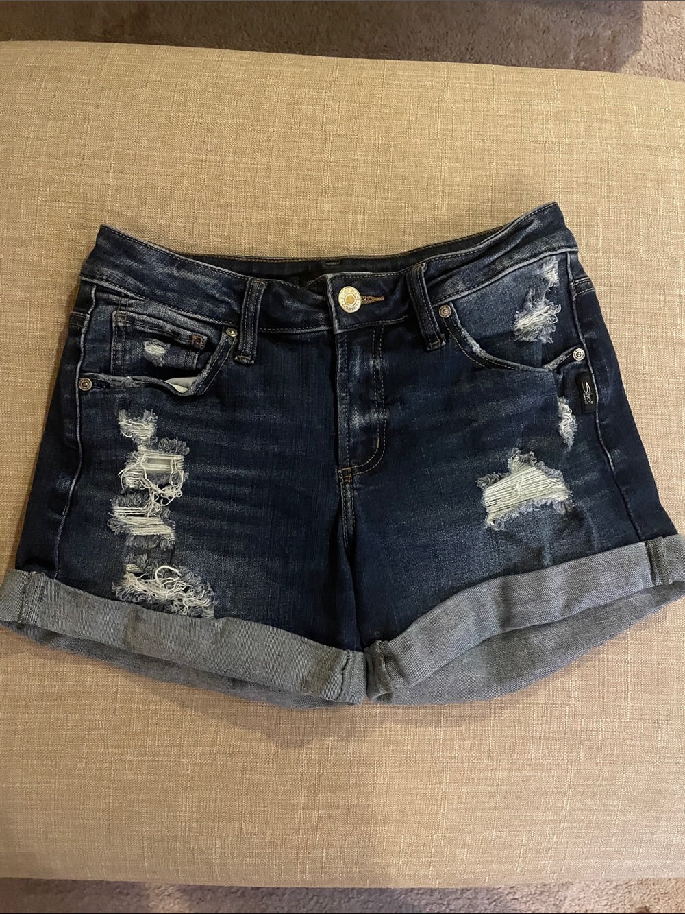 Dark Wash Distressed Women’s Denim Boyfriend Shorts - Dark Blue W25/L4.5